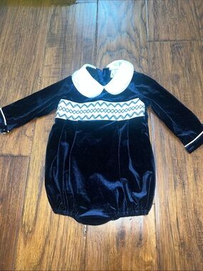 Velvet Baby Bubble Romper with White Peter Pan Collar